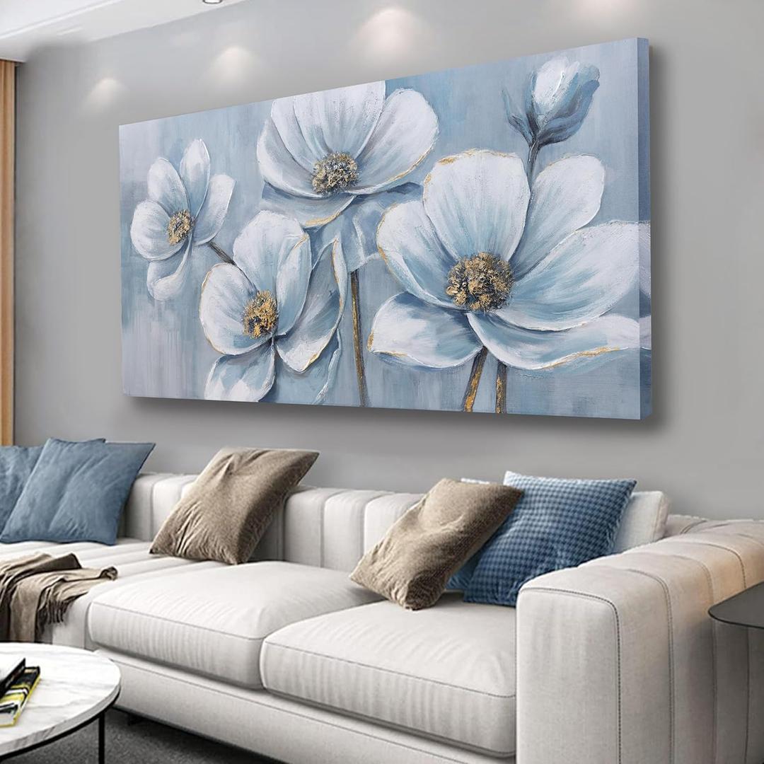 Belmrxne Flower Painting Blue Wall Art Modern Canvas Hanging Wall Decor Rustic Canvas Painting for Living Room Bedroom Dining Room Office Home Decor 24x48 inch