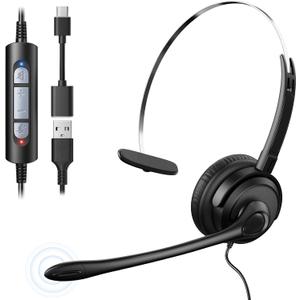 Voistek USB Headset with Microphone, Wired Computer Headset for Laptop/PC with Noise Cancelling Mic, Mono Headphones with in-Line Volume Control for Work, Office, Teams, Zoom, Skype, Online Class