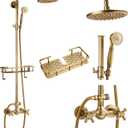 gotonovo Exposed Shower Faucet Set with Shower Shelf 8 inch Rainfall Shower Head with Handheld Sprayer Double Cross Handles Shower System Dual Functions Wall Mounted Antique Brass