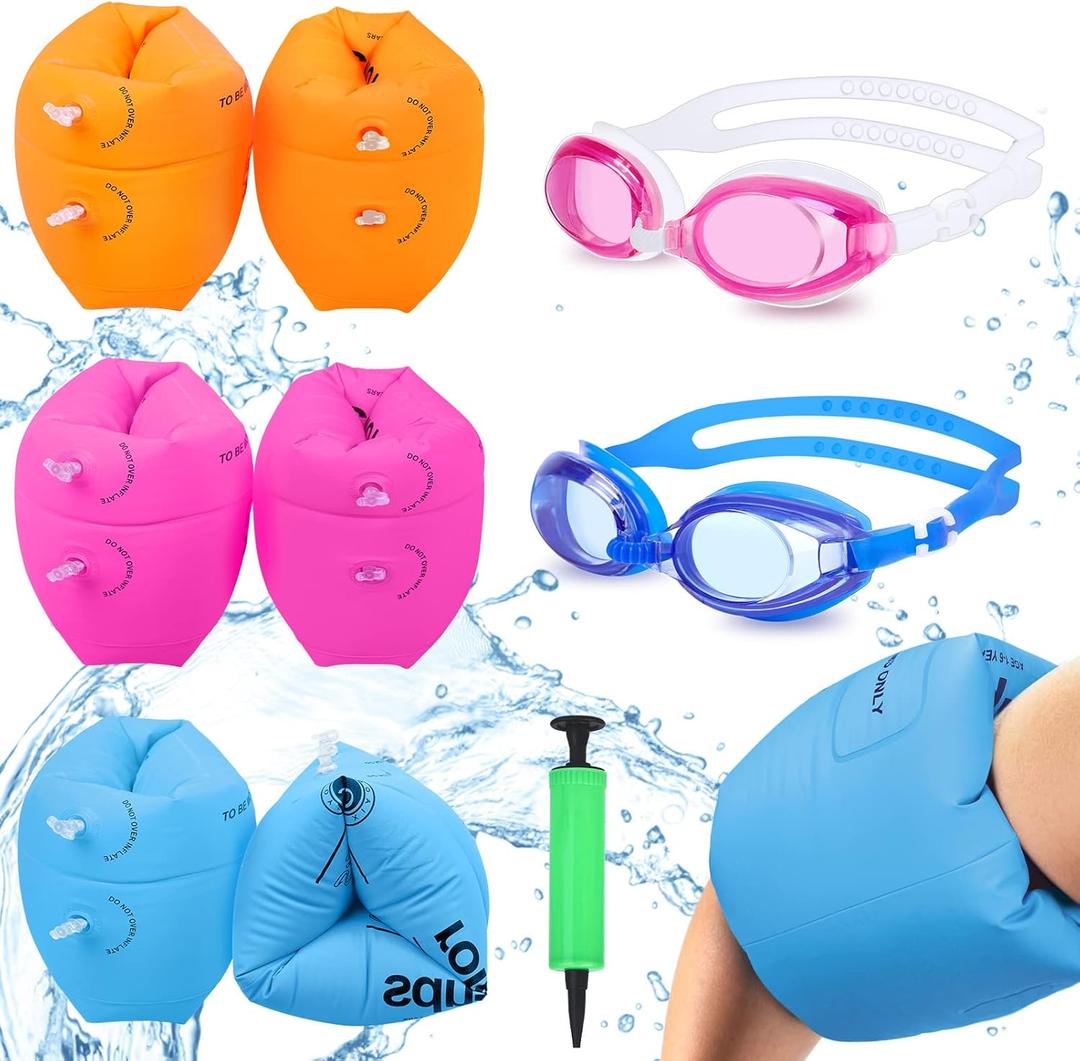 Arm Floaties for Kids 6-12yrs, PVC Arm Floaties Inflatable Swim Arm Bands Floater Sleeves Swimming Rings and Swimming Goggles Kids Floaties for Pool (blue)