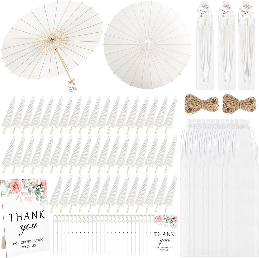 Aneco 12 Pieces 33 Inch Wedding White Paper Umbrellas, Chinese Japanese Decorative Parasols with Organza Bags Thank-You Tags Wooden Sign, DIY Oiled Paper Painting Umbrellas for Wedding Bridal Party