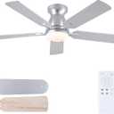 Mpayel Ceiling Fans with Lights and Remote, 46 Inch Flush Mount Low Profile Ceiling Fan with Light, Ceiling Fan for Bedroom Living Room, Quiet DC Motor, Reversible, Dimmable LED, Silver