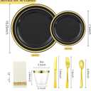 350pcs Black and Gold Dinnerware Set for 50 Guests, Graduation Plates, Black Plastic Plates with Gold Rim for Party -50 Dinne/Dessert Plates, 150 Silverware Set,50 Napkins and Cups