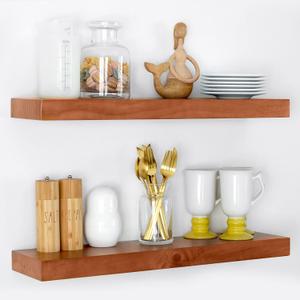 Homeforia 24inch Oak Floating Shelf for Wall, High End Solid Real Wood 24 inches Long Floating Shelves for Bathroom, Honey Oak Wooden Floating Shelves, Heavy Duty Bracket, 24 X 6.5 X 1.75 in, Set of 2 (Honey Oak - Warm Amber Tone)