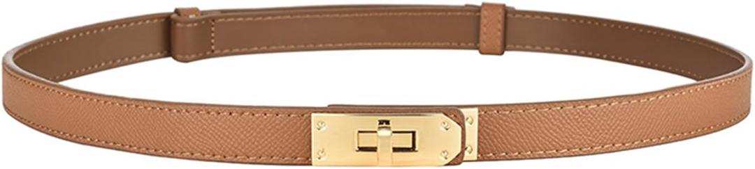 FENLDY Adjustable Thin Belts For Womens Skinny Belts For Dresses Womens Solid Color Alloy Turn Lock Belts For Jeans ( Caramel Color With Gold Buckle)