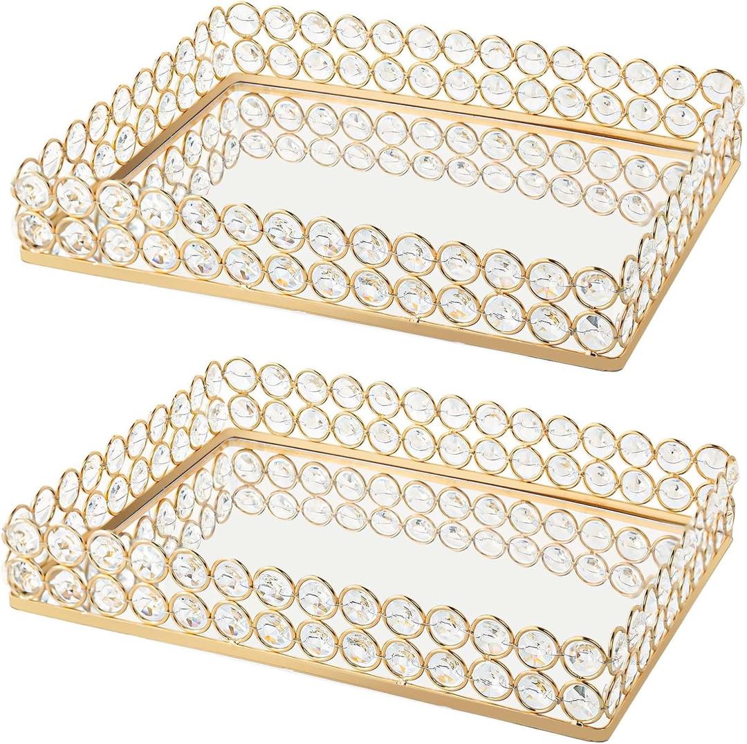 KEHAIL 2 Pcs Gold Metal Crystal Mirror Tray - 11.2"x8.1" Table Centerpieces Tray, Multi-Functional Display for Flowers/Cupcakes/Jewelry, Vanity Organizer & Wedding Dessert Table Accent