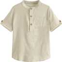 Boys Short Sleeve Henley Shirt Button Up Linen Cotton Dress Shirts Tees Tops with One Pocket (3-4T, Beige)