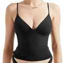 SUUKSESS Women Sexy Deep V Neck Sleeveless Fitted Basic Tops Y2K Tank Top Cami, (Only Top) Black, M