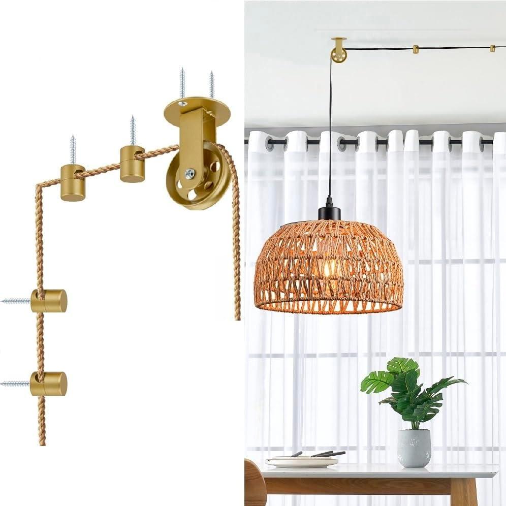Pulley Wheel for Plug in Pendant Light, Wall Ceiling Mount Pulley for Hanging Lamp, 1 Pack Pulley Wheel and 4 Pack Swag Hooks for Hanging Electric Wire Cable Cord Chandelier Plant Grow Lights (Gold)