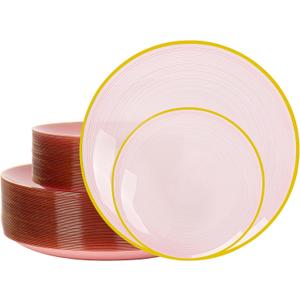 100PCS Pink Plastic Plates-Crystal Design Pink Disposable Plates with Gold Rim, Fancy Disposable Plates Include 50 Dinner Plates, 50 Dessert/Salad Plates for Party & Wedding