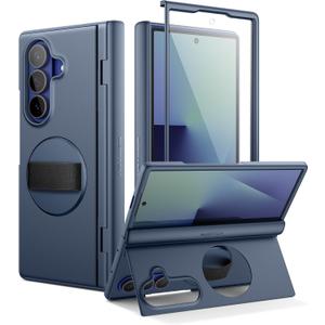 SURITCH for Samsung Galaxy Z Fold7 Case with 360 Rotatable Hand Strap Phone Grip Holder & Invisible Kickstand & Screen Protector, Protective Cover for Fold 7 -Dark Blue
