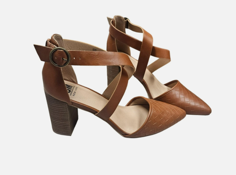 SM New York Brown Faux Leather Block Stacked Heel Ankle Strap Shoes Woven Buckle 8.5 size