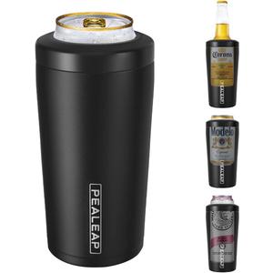 4 in 1 Insulated Slim Can Cooler for 12 OZ Cans and Beer Bottle - Keep 8 Hours Cold, Easy to Hold - Stainless Steel Can Holder, Double Walled Can Insulator for Hard Seltzer and Etc. (Black)