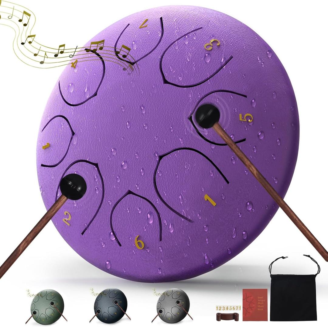 Steel Tongue Drum  6 Inch 8 Notes Rain Drum  Outdoor Percussion Instrument with Mallets, Music Book & Soft Carry Pouch  Easy to Play Beginner Handpan & Perfect Music Gift (Purple)