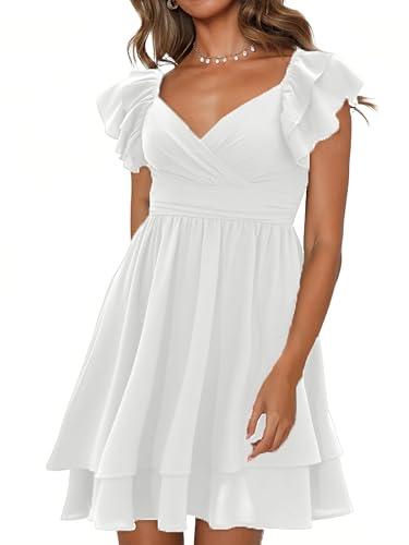 CICIDUDU Women's Summer Dress Casual Wrap V Neck Flutter Sleeve Double Layer Ruffle Wedding Guest Short Mini Dresses White, 2XL