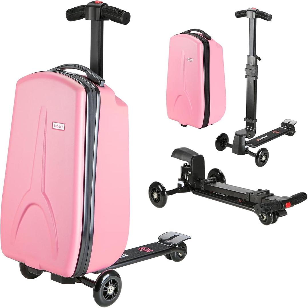 Scooter Luggage for Kids Scooter Suitcase for Ages 4-12, 4 in 1 Kids Luggage Boarding Suitcase Detachable & Foldable Scooter Travel Trolley Ride On Luggage-Pink, Medium