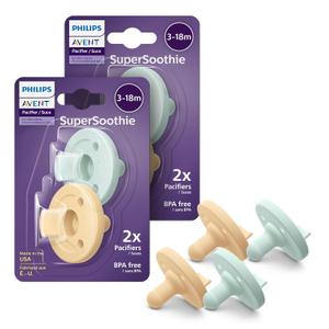 Philips Avent Soothie 3-18 Months Orthodontic Baby Pacifiers, 100% Silicone Pacifiers, One Piece, BPA-Free, 2 Green and 2 Yellow, 4 Pack, Model SCF192/72 (Light Yellow/Pastel Cyan)