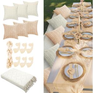 Beeveer 91 x 71 Extra Large Outdoor Boho Picnic Blanket with Beige White Table Runner, 6 Throw Pillow Covers 6 Napkins Woven Cotton Yarn Oversize Beach Blanket Washable Picnic Camp Wedding