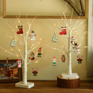 EAMBRITE Lighted Birch Tree with Christmas Ornaments, 2 Pack Small Christmas Trees with Led Lights, White Twinkling Tree Decorations Tabletop Centerpieces for Home Table Bedroom Indoor Decor (22inch)