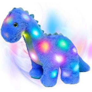Hopearl LED Plush Dinosaur Light up Stuffed Diplodocus Animal with Long Neck Night Lights Glow in The Dark Birthday Gifts for Kids Toddler Girls, Blue, 16''