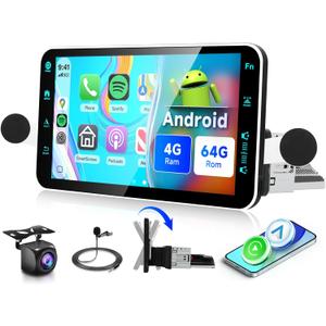 4G+64G Andriod Single Din 9-Inch Touchscreen Car Stereo with Wireless Carplay Android Auto, Car Radio Rotatable Screen 1 Din Bluetooth Mirror Link GPS WiFi, FM/RDS EQ with Backup Camera+Phone Holder