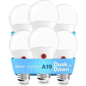 Sunco 6 Pack Dusk to Dawn Light Bulbs Outdoor A19, Photocell Automatic for Exterior Lighting, 800 LM, 9W (60W Eqv.), 3000K Warm White, Auto On/Off Sensor, IP65 Rated UL