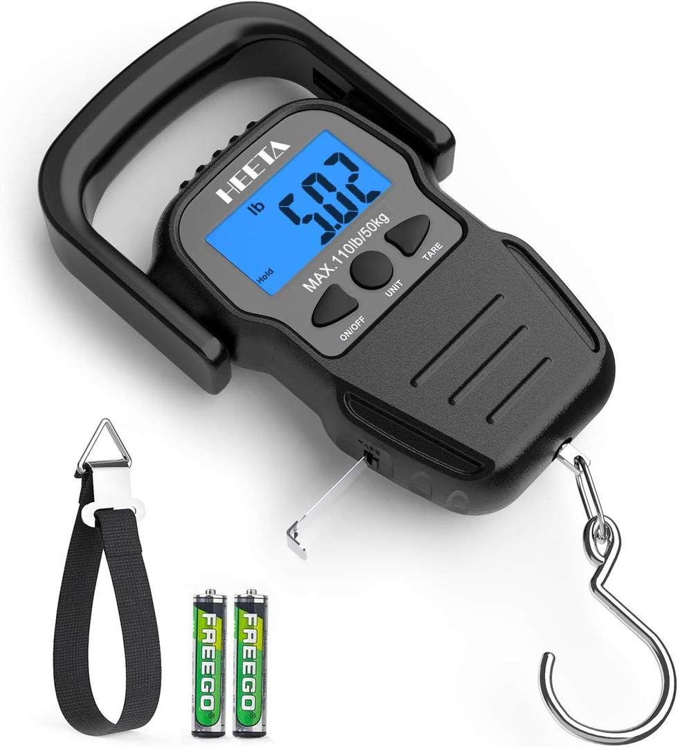 HEETA Fish Scale with Backlit LCD Display, Up to 110lb/50kg Digital Portable Hanging Fish Weight Scale with Hook & Measuring Tape for Home, Farm, Outdoor, Hunting, Fishing, 2 AAA Batteries Included (Black)