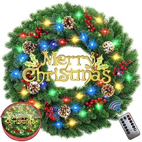 24 Inch Pre-Lit Artificial Christmas Wreath, Lighted Christmas Wreath for Front Door with Battery Operated 60 LED Lights, Decorated with Pine Cones, Berry Clusters,Christmas Collection 24 Inch Pre-Lit Artificial Christmas Wreath, Lighted Christmas Wreath for Front Door with Battery Operated 60 LED Lights, Decorated with Pine Cones, Berry Clusters,Christmas Collection