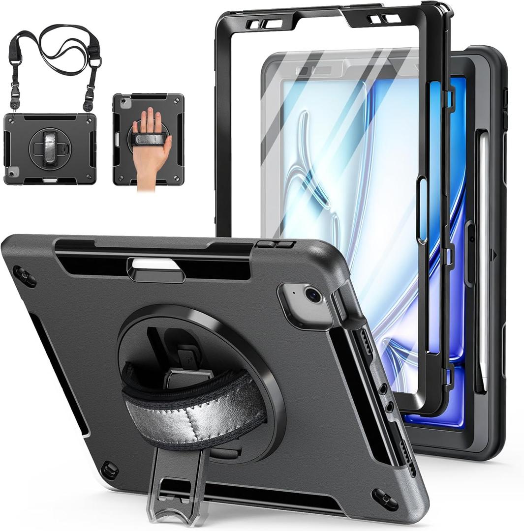 Case for iPad Air 11 M3 2025 & M2 2024: Cover for iPad Air 5th & 4th Generation 10.9 Inch (2020/2022) with Screen Protector- Stand- Handle- Shoulder Strap- Pencil Holder-Black