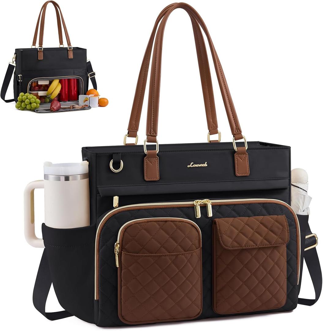 LOVEVOOK Lunch Tote Bag for Women, Insulated Lunch Bag with Laptop Compartment, Teacher Nurse Tote Bag with Large Capacity & Cup Holder, Work Tote for Travel College Daily fit 15.6 Inch Laptop