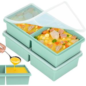 2 cup Silicone Freezer Trays with Lids, Silicone Soup Freezer Molds, Easily prepare portioned meals, Great for storing soups, lasagna, leftovers, sauces and other dishes, Dishwasher, Oven Safe (Green)