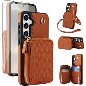 Asuwish Phone Case for Samsung Galaxy S25 5G Wallet Cell Cover with Tempered Glass Screen Protector Wrist Crossbody Strap RFID Blocking Credit Card Holder S 25 25S 25 25S SM-S931U Women Girls Brown