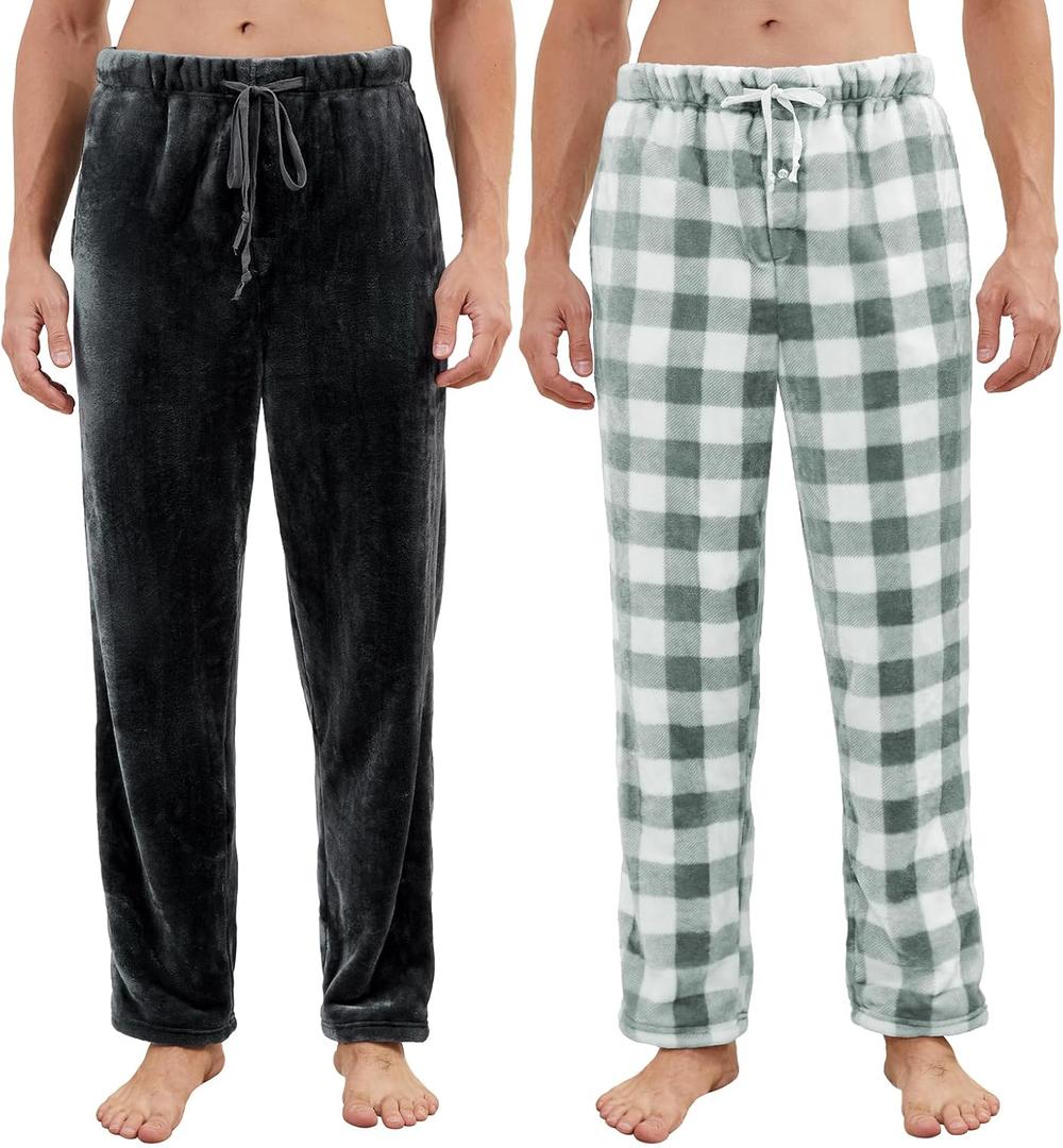 2 Pack Mens Plush Pajama Pants, Fluffy Warm Fleece Sleep Pj Soft Lounge Bottoms with Pockets for Winter (XXL)