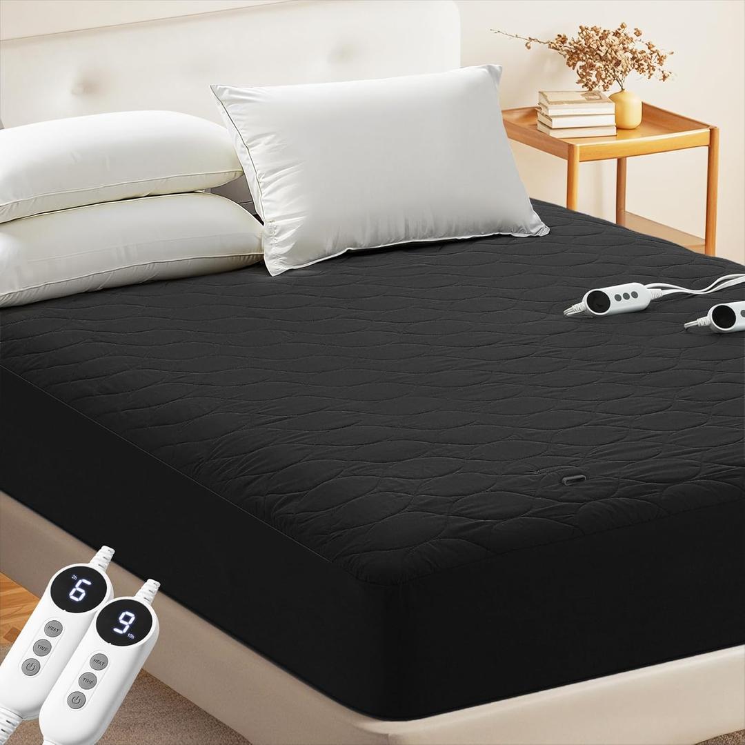 MASVIS Heated Mattress Pad California King Size - Dual Control, 6 Heat Settings & 10-Hour Auto Off, Quilted Electric Bed Cover, Bed Warmer with Deep Pocket Fast Heating Machine Washable,Black,72"x84"