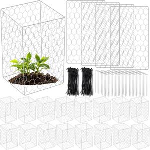 16 Set Wire Plant Protectors Square Wire Plant Cages Chicken Wire Cloche Mesh Plant Cage with 64 Ground Stakes and 200 Nylon Ties Protect Plants, Garden, Vegetables from Animals(12 x 20)
