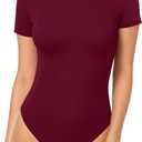 MANGOPOP Women's Round Neck Short Sleeve Bodysuit T Shirts Basic Body Suit Tops (Red, M)