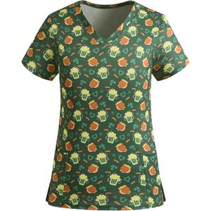 St. Patrick's Day Scrub Tops for Women Stretch Vneck Shamrock Clover Printed Nurse 2 Pockets Holiday Working Uniforms (XL)