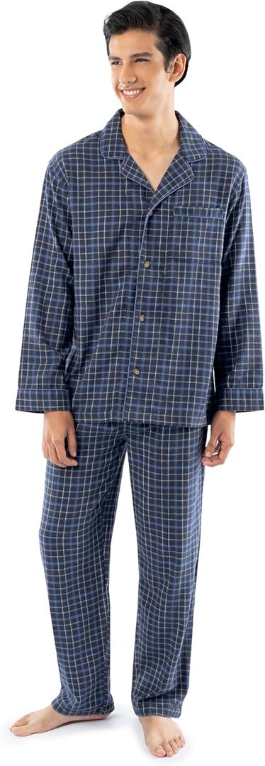 Fruit of the Loom Men's Flannel Pajama Sleep Set (X-Large, Navy Plaid)