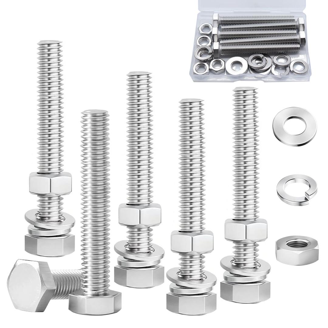 5 Sets 5/16-18 x 3" Stainless Steel Hex Head Screws Bolts, Nuts, Flat & Lock Washers,18-8(304) Full Thread (Silver)