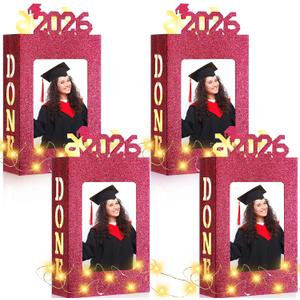 4 Sets Graduation Centerpieces Boxes for Table Decorations Light up 2026 Graduation Picture Frames Display with Done Grad Party Favor Gifts for College Graduate Class of 2026 Photo Props(Red)