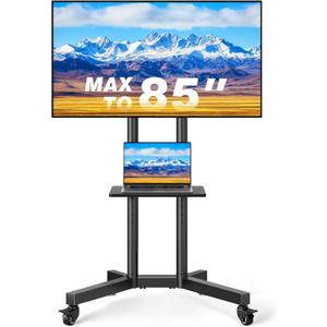 Rolling TV Stand with Shelf for 32-85 inch TVs up to 150lbs, Portable Mobile TV Cart with Silent Wheel, Height Adjustable Universal Corner TV Stand for Bedroom, Living Room, Office