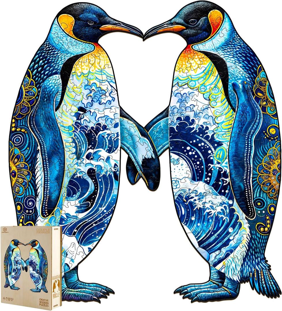 Jigfoxy Wooden Puzzles for Adults, Penguin Wood Puzzle for Adults, Unique Animal-Shaped Wooden Jigsaw Puzzle, Valentines Day Gifts for Puzzle Lovers, Family and Friends (M-11.4 * 10.2in-185pcs)