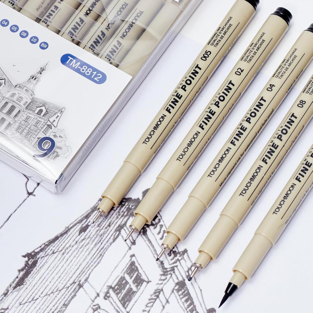 2 x 9 Pack Fineliner Drawing Pens  Black Waterproof Micro Line Ink Pens with Assorted Tip Sizes (005 to BR) for Manga, Sketching, Journaling & Technical Illustration