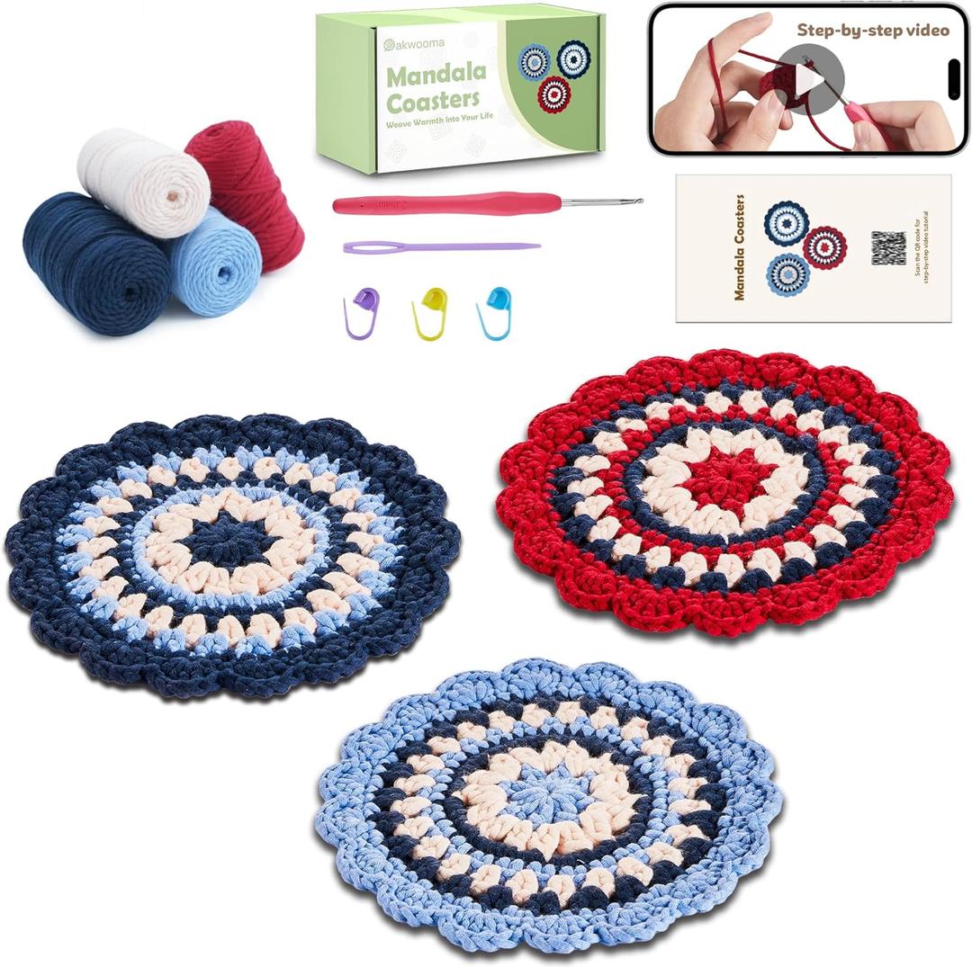 OAKWOOMA Crochet Kit for Beginners, Easy Arts and Crafts Knitting & Crochet Coaster Kit with Step-by-Step Video Tutorials, Crochet Starter Kits for Adults, Teens, Kids (Mandala)