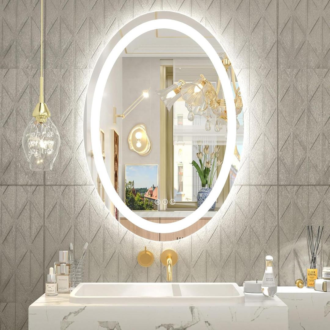 OKPAL Oval LED Bathroom Mirror 20x28, Lighted Vanity Mirror for Wall, Oval Lighted Bathroom Mirror, Anti-Fog, Shatter-Proof, Dimmable, Memory, 3 Colors (Front Lights + Backlit)