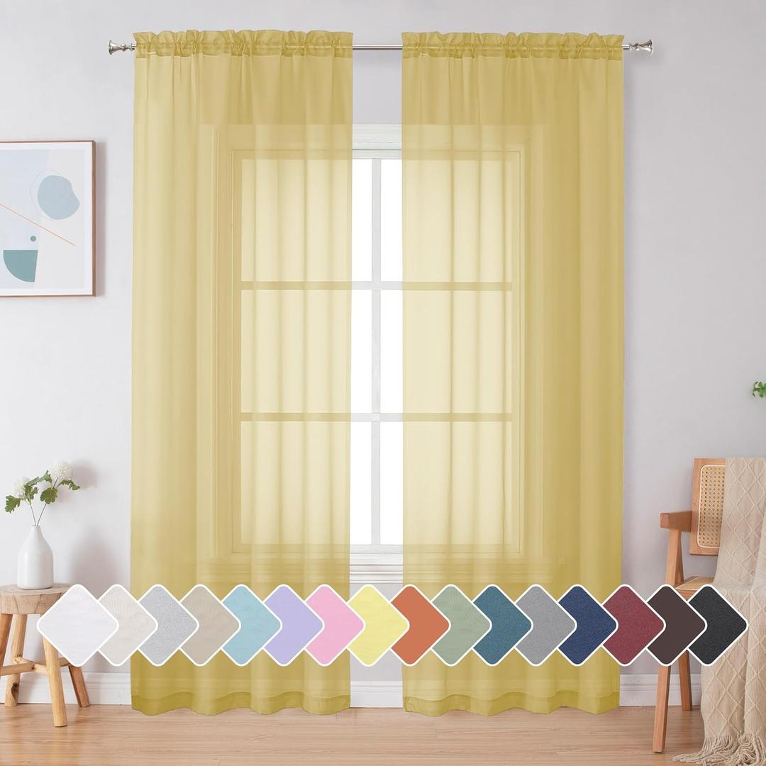 Simplebrand Yellow Sheer Curtains 84 Inches Long, Light Filtering Rod Pocket Solid Color Window Sheer Curtain Panels, Elegant Curtains & Drapes for Living Room, Bedroom 2 Panels (42" W x 84" L)
