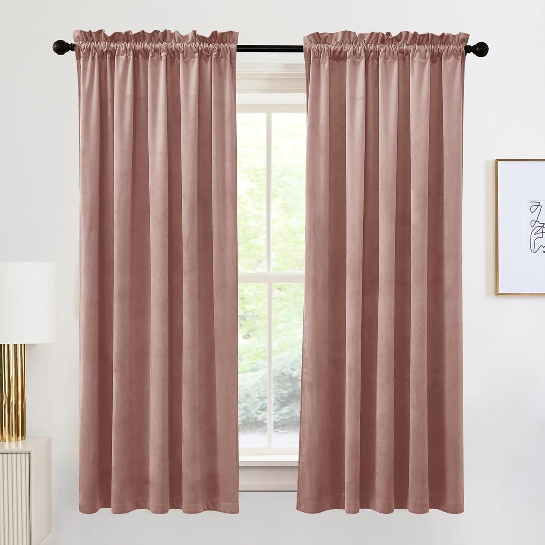 RYB HOME 72 inches Velvet Curtains for Nursery, Rod Pocket Thermal Insulated Soft Silky Touch Window Treatment for Study Room Dorm, W 52 x L 84 inches, Dusty Pink, 2 Panels Set