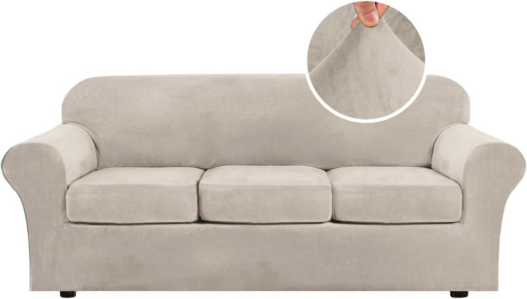 H.VERSAILTEX Modern Velvet Plush 4 Piece High Stretch Sofa Slipcover Sofa Cover Furniture Protector Form Fit Thick Velvet Sofa Cover for 3 Cushion Couch Width Up to 90 Inch (Sofa, French Oak)