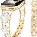 Gold Bling Diamond Clover Bands for Women Compatible with Apple Watch 40mm 38mm 41mm 42mm(S10/11) Lucky Cute Sparkle Dressy Bracelet Metal Strap for iWatch Series 11/10