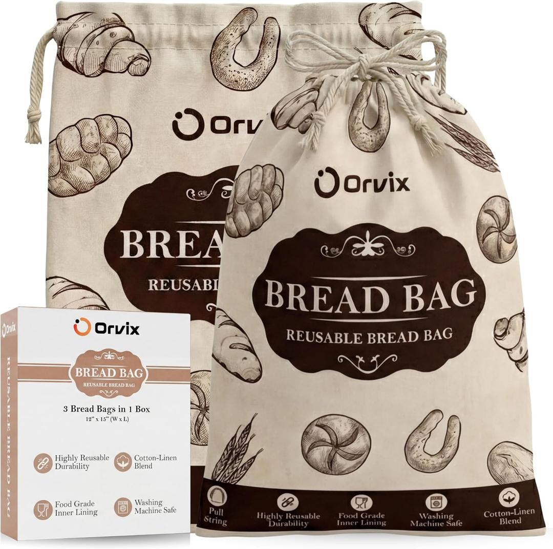 3 Pack Linen Bread Bags for Homemade Sourdough with Food-Grade Inner Lining, Linen Storage Pouches for Homemade Loaves, Reusable Sourdough Bag, Baked Goods Packaging, Gift Wraps, 12x15 Inches